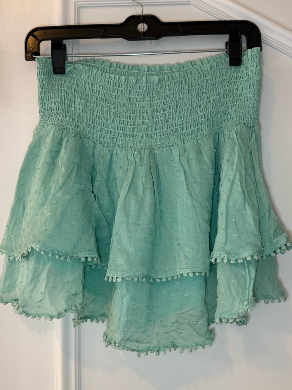 Paradise Aqua Green Smocked Ruffle Skort Hidden Shorts Pom Pom Trim L